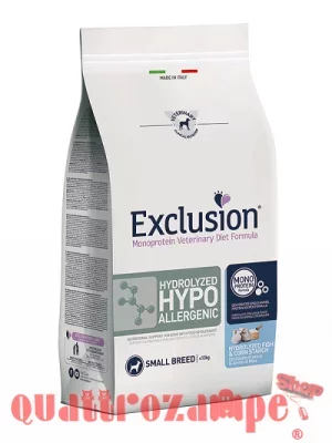 Exclusion Hypoallergenic Hydrolyzed Small Adult 2 kg Pesce e Amido di Mais Per Cane