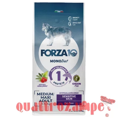 Forza 10 Mono Diet Medium Large Sensitive Skin con Pesce 10 kg Crocchette Per Cani
