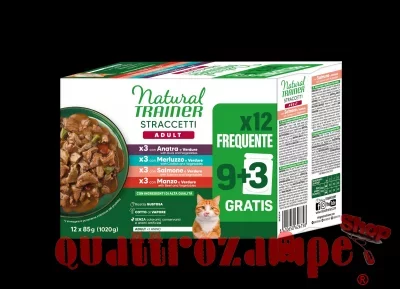 Natural Trainer Adult Straccetti Multipack 12 bustine 85 gr (Manzo, Salmone, Anatra, Melurzzo) Umido
