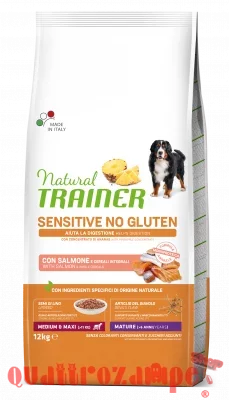 Natural Trainer Sensitive Medium Maxi Maturity Salmone e Cereali Integrali 12 kg Per Cani Anziani