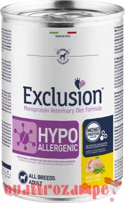 Exclusion Diet Hypoallergenic Quaglia e Piselli 400 gr Barattolo Umido Per Cane