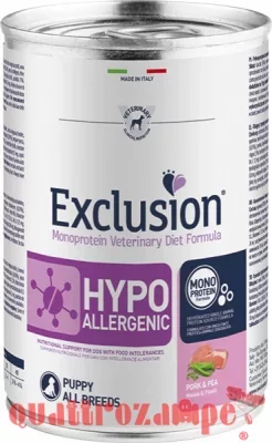 Exclusion Diet Hypoallergenic Puppy Maiale e Piselli 400 gr Barattolo Umido Per Cane