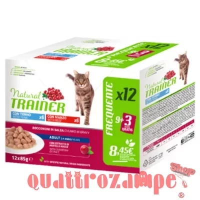 Natural Trainer Adult Cat Bocconcini Multipack 12 bustine 85 gr (6 Tonno + 6 Manzo) Umido Gatti
