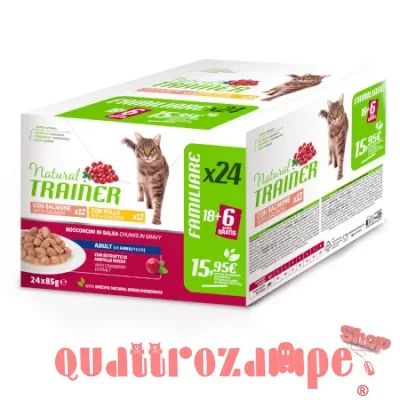 Natural Trainer Adult Cat Bocconcini Multipack 24 bustine 85 gr (12 pollo + 12 salmone) Umido Gatti