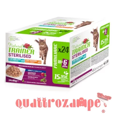 Natural Trainer Sterilised Cat Bocconcini Multipack 24 bustine 85 gr (12 Merrluzzo + 12 Tacchino) Um
