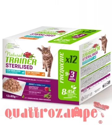 Natural Trainer Sterilised Cat Bocconcini Multipack 12 bustine 85 gr (6 Merluzzo + 6 Tacchino) Umido