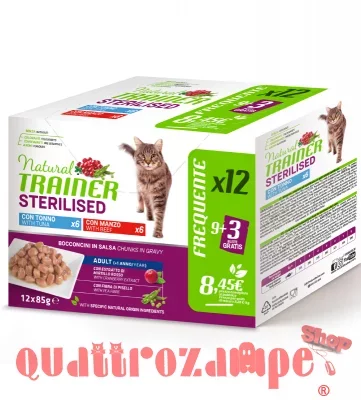 Natural Trainer Sterilised Cat Bocconcini Multipack 12 bustine 85 gr (6 Manzo + 6 Tonno) Umido Gatti